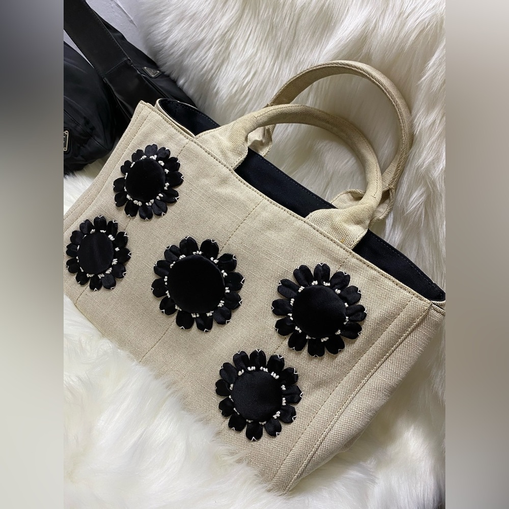 Authentic vintage Prada Madras tote with black daisy